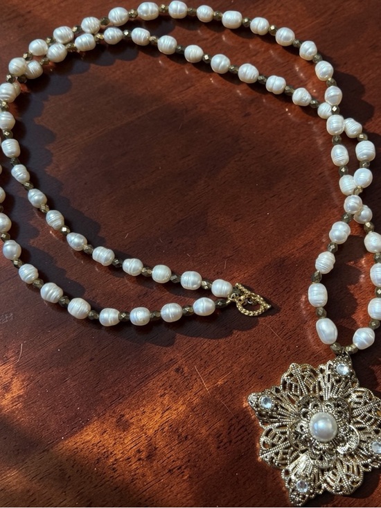 Source Unknown Jewelry - Vintage Genuine Baroque Pearl Necklace Gold Filigree & Pearl Pendant 36” Length